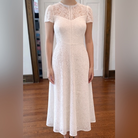 NWT ML Monique Lhullier One-of-a-Kind White Lace Midi Dress Couture Sample Size